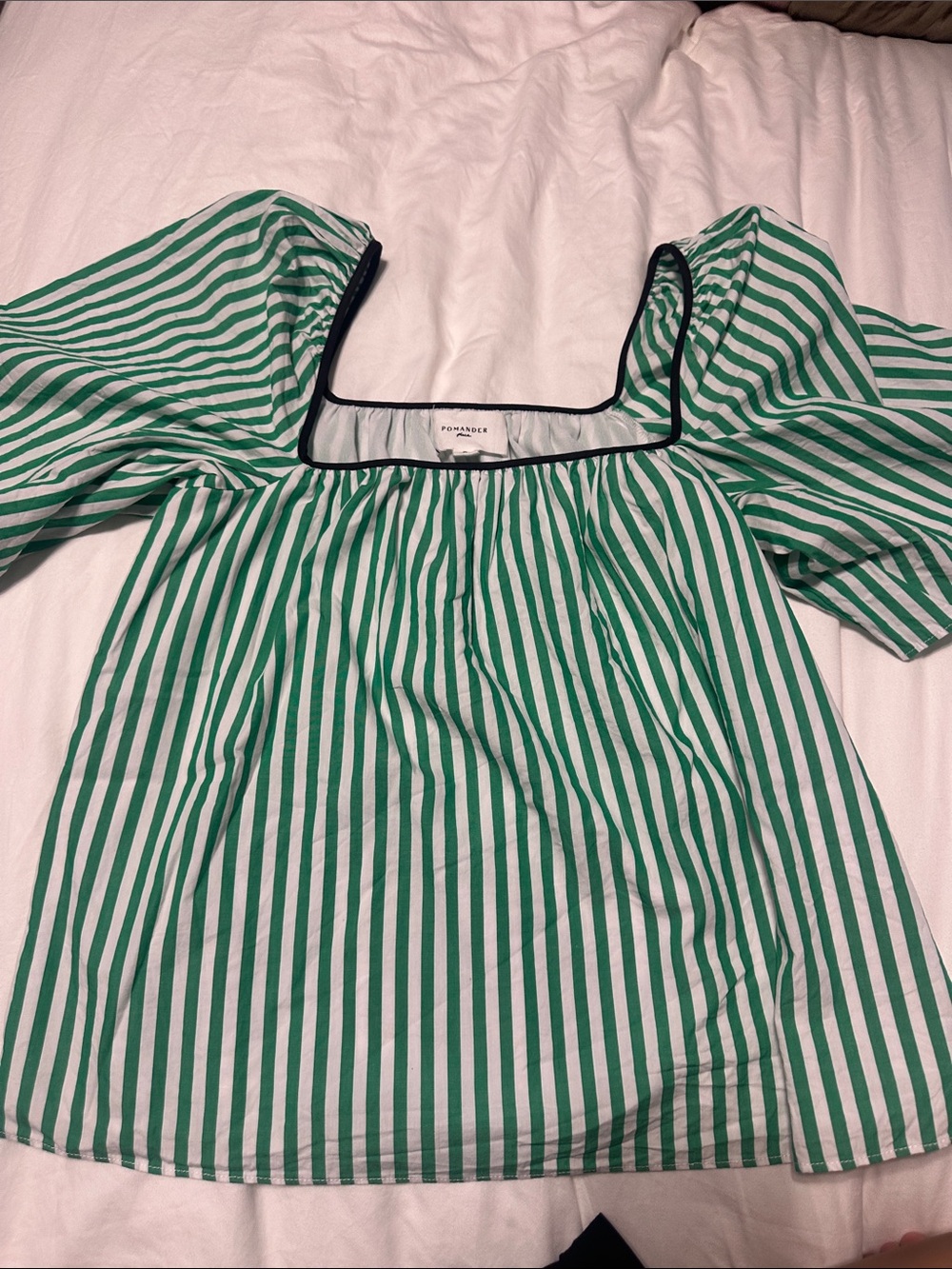 Pomander Place Green and White Striped Puff-Sleeve Tunic with Navy Trim